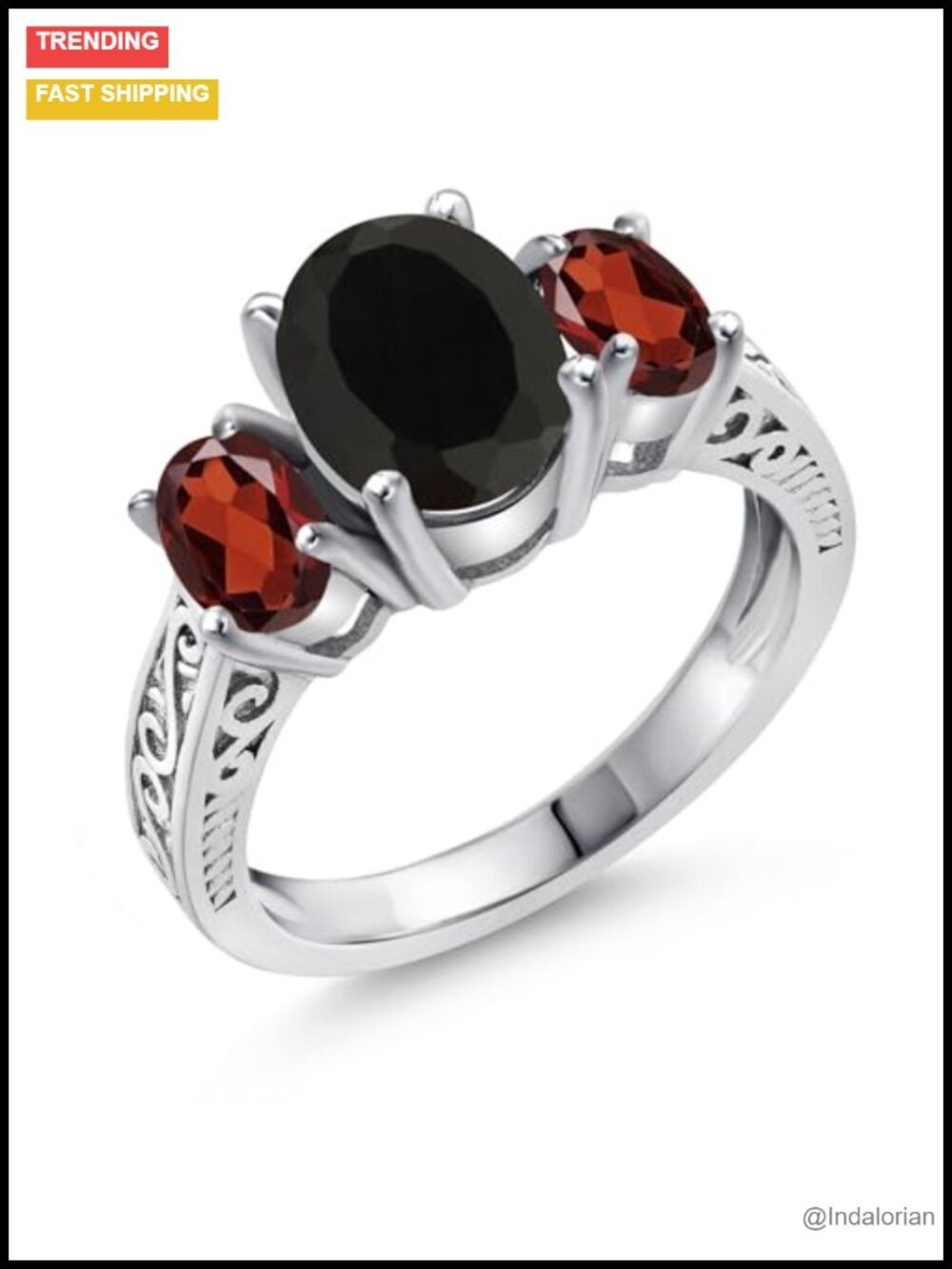 Onyx & Garnet 3 Stone Ring Sterling Silver Oval Statement